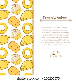 Vector illustration  delicious pastries, cookies, croissants, biscuits in doodle style, background with place for text