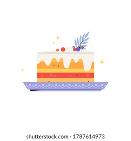 Vector illustration of delicious piece of birthday cake decorated with berries on a plate isolated on white background. Cooking, hand made cake or b-day pie or backery emblem, logo, print.