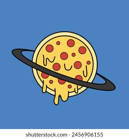 Vector illustration of delicious pizza in the shape of a planet. Food cartoons.	