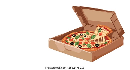 Ilustración vectorial deliciosa rebanada de pizza en caja para llevar