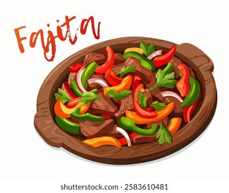 Vector illustration of delicious plate of fajitas, for restaurant menus and food-related designs. Vibrant colors appetizing nature of popular mexican dish with sizzling meat and colorful vegetables 