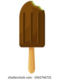 Vector illustration of delicious popsicle ice cream covered with chocolate. Bitten ice cream on a stick in chocolate glaze. Ice cream on a stick isolated on a white background.