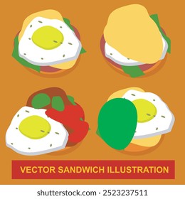 Vector illustration of a delicious sandwich filled with tender meat, fresh vegetables and tomato sauce. Soft and golden colored bread, Food illustration for menus, food blogs or advertisements