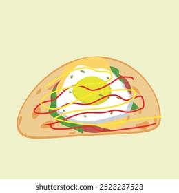 Vector illustration of a delicious sandwich filled with tender meat, fresh vegetables and tomato sauce. Soft and golden colored bread, Food illustration for menus, food blogs or advertisements