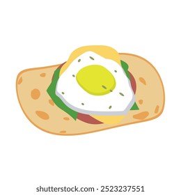 Vector illustration of a delicious sandwich filled with tender meat, fresh vegetables and tomato sauce. Soft and golden colored bread, Food illustration for menus, food blogs or advertisements