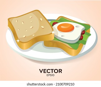 Vector illustration of delicious sandwich on plate, layer of delicious sandwich filling, layer of sandwich on plate with egg, tomato and vegetable filling