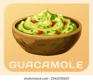 Vector illustration of delicious serving of guacamole in a rustic wooden bowl, vibrant colors and unique texture of dip sauce. Cartoon icon of bowl of guacamole, a beloved Mexican dip 