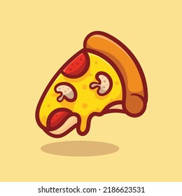 Vector illustration of delicious slice of pepperoni pizza with melted cheese, hand drawn, cartoon, flat, cute