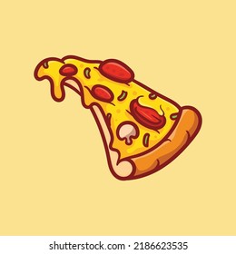 Vector illustration of delicious slice of pepperoni pizza with melted cheese, hand drawn, cartoon, flat, cute