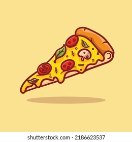 Vector illustration of delicious slice of pepperoni pizza with melted cheese, hand drawn, cartoon, flat, cute