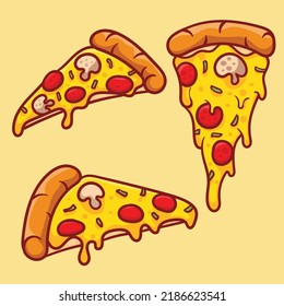 Vector illustration of delicious slice of pepperoni pizza with melted cheese, hand drawn, cartoon, flat, cute