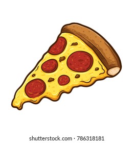 Vector illustration of delicious slice of pepperoni pizza with melted cheese, hand drawn