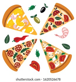 Vector illustration, delicious slices of pizza with pizza products, on a white background, great element for your design.