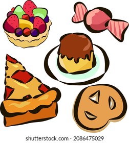 Vector illustration for delicious sweets.Top with pink candy and fruit pie. In the middle is a pudding with chocolate icing. At the very bottom are cherry pie and biscuits.
