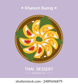 Vector illustration of a delicious traditional Thai dessert "Khanom Bueng" in a beautiful banana leaf dish. Top view. Recipe. Menu. Restaurant for food design. Banners, posters, and backgrounds.