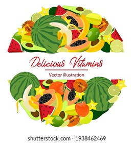Vector illustration. Delicious Vitamins.Set of different fruits. Bright, beautiful banner with delicious fruits. Can be used as a postcard, sticker, sticker, etc.