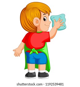 vector illustration of the deligent boy doing a daily activity to clean up with the blue towel