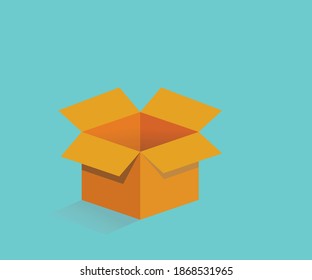  Ilustración vectorial de una caja de entrega. Caja abierta de embalaje de cartón sobre fondo azul aislado. Mockup de caja de cartón .