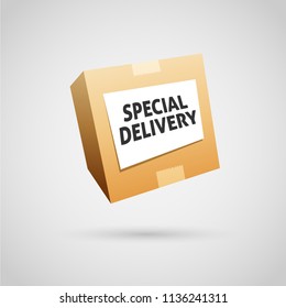 Vector illustration of delivery box hovering with special delivery text copyspace.