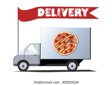 Vector illustration of delivery car with banner. Side view. Solid fill only. Can be used for advertisement, game or mobile apps icon. 