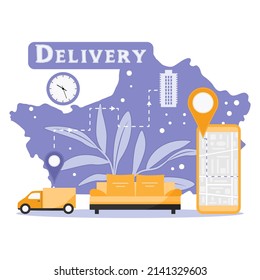 Vector illustration Delivery company service Furniture transportation Moving concept. Changing address. New location Car delivering Online Order Tracking on cell phone Route Relocation Navigation Sofa