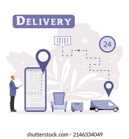 Vector illustration Delivery company service Furniture transportation Moving. Changing address. New location Car delivering Online Order Tracking on cell phone Route Relocation Navigation Armchair