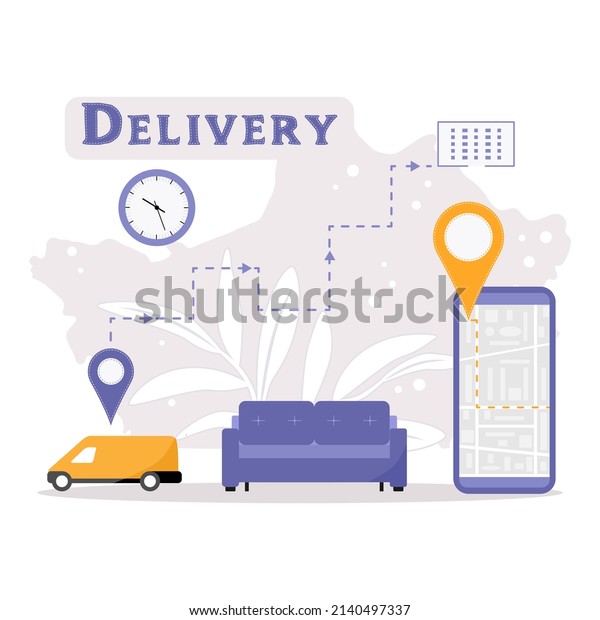 Vector illustration Delivery company service\
Furniture transportation Moving concept. Changing address. New\
location Car delivering Online Order Tracking on cell phone Route\
Relocation Navigation\
Sofa