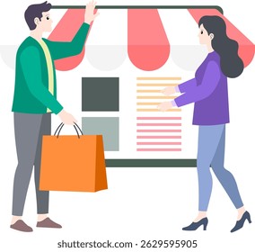 Vector illustration of a delivery courier handing over an online shopping package to a customer at their home