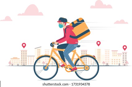 Vector illustration of a delivery courier, wearing a mask because of coronavirus, delivering an order on a bike