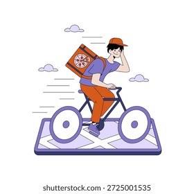Ilustração vetorial de um ciclista de estrada a andar de um telefone celular que representa um mapa. O piloto carrega uma sacola de pizza, representando um serviço de entrega de alimentos rápido e eficiente.