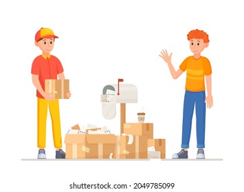 Ilustración vectorial del día de entrega. El cliente vino a recoger el pedido del mensajero.