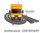 vector illustration for delivery design ,yellow cargo truck with a container front view on the back is driving on a roundabout road to deliver parcels or goods to customers at the pin location