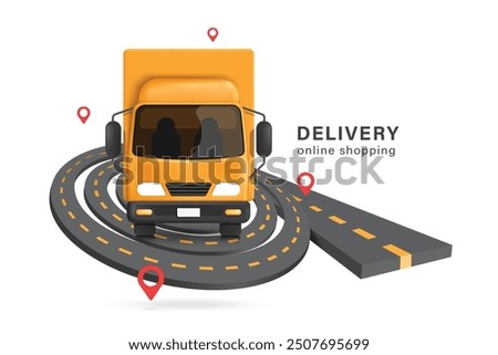 vector illustration for delivery design ,yellow cargo truck with a container front view on the back is driving on a roundabout road to deliver parcels or goods to customers at the pin location