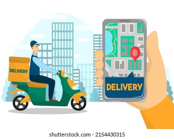 Ilustración vectorial de la entrega. Conductor en moto o motocicleta. Teléfono en las manos con un pedido y un mapa de la ciudad. Servicio de compras en línea. Alimentos entregados por mensajero.