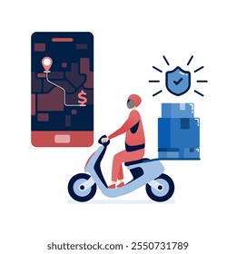 vector illustration of Delivery drivers delivering online shopping orders with mobile apps and motorbikes for safe e-commerce transactions and fast shipping of packages