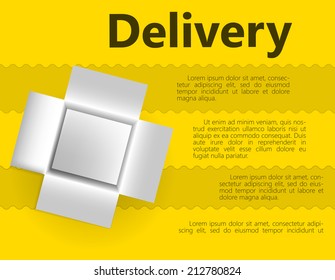 Vector illustration for delivery gift. White opened box for delivery gift. Vector illustration on streaky yellow background with word Delivery and place for your text.