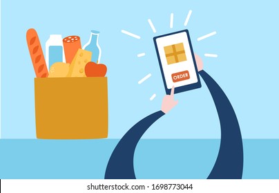 Vector illustration Delivery from a grocery store. Person ordering food online using a mobile phone. Hands with a smartphone and a paper bag with bread, cheese, milk, sausage and fruits. 