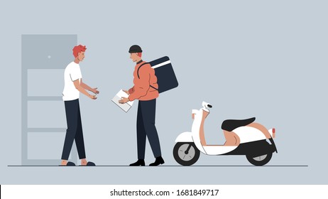 Vector Illustration Of A Delivery Guy With A Big Bagpack Driven By Scooter Handing Over A Package To The Men Next To The Apartments Door. Also Can Be Used As A Poster Or Slide For Presentation