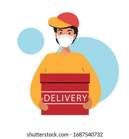 Vector illustration with delivery guy. Man in a protective mask. Coronavirus concept. Epidemic disease concept