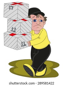 Vector illustration of delivery man carrying heavy boxes