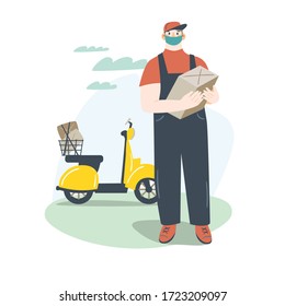 Vector illustration of a delivery man guy and scooter with parcels. Cartoon style. Flat design. Great for postcards, prints, posters, stickers, etc.