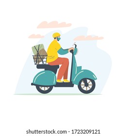 Ilustración vectorial de un tipo de reparto y scooter con paquetes. Estilo de caricatura. Diseño plano. Excelente para postales, impresiones, carteles, pegatinas, etc.