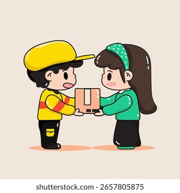 vector illustration of a delivery man handing a package shipping, delivery service promotions, or logistics-related designs. Editable vector format suitable for web and print.