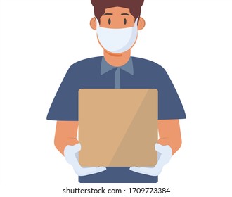 vector illustration of Delivery man holding cardboard boxes in medical rubber gloves and mask. Fast and free Delivery transport . Online shopping and Express delivery . Quarantine 