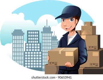 A vector illustration of a delivery man holding a package