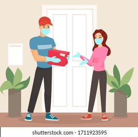 Vector illustration delivery man in mask and medical gloves giving the package to woman in mask. Woman getting package from courier. Coronavirus concept, quarantine and isolation. Flat cartoon style.