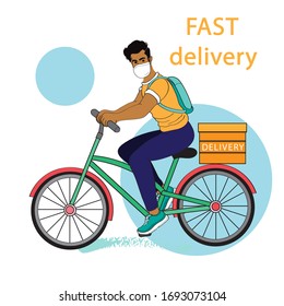 Vector illustration with delivery man on a bicycle. Man in a protective mask. Coronavirus concept. Epidemic disease concept