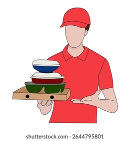 Vector illustration of delivery man in red uniform and cap holding pizza box, tray with stacked food containers on white background.
