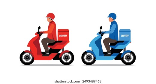 Ilustración vectorial del repartidor. Hombre montando scooter para el servicio de entrega.