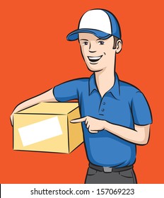 Vector illustration of delivery man smiling with box. Easy-edit layered vector EPS10 file scalable to any size without quality loss. High resolution raster JPG file is included.